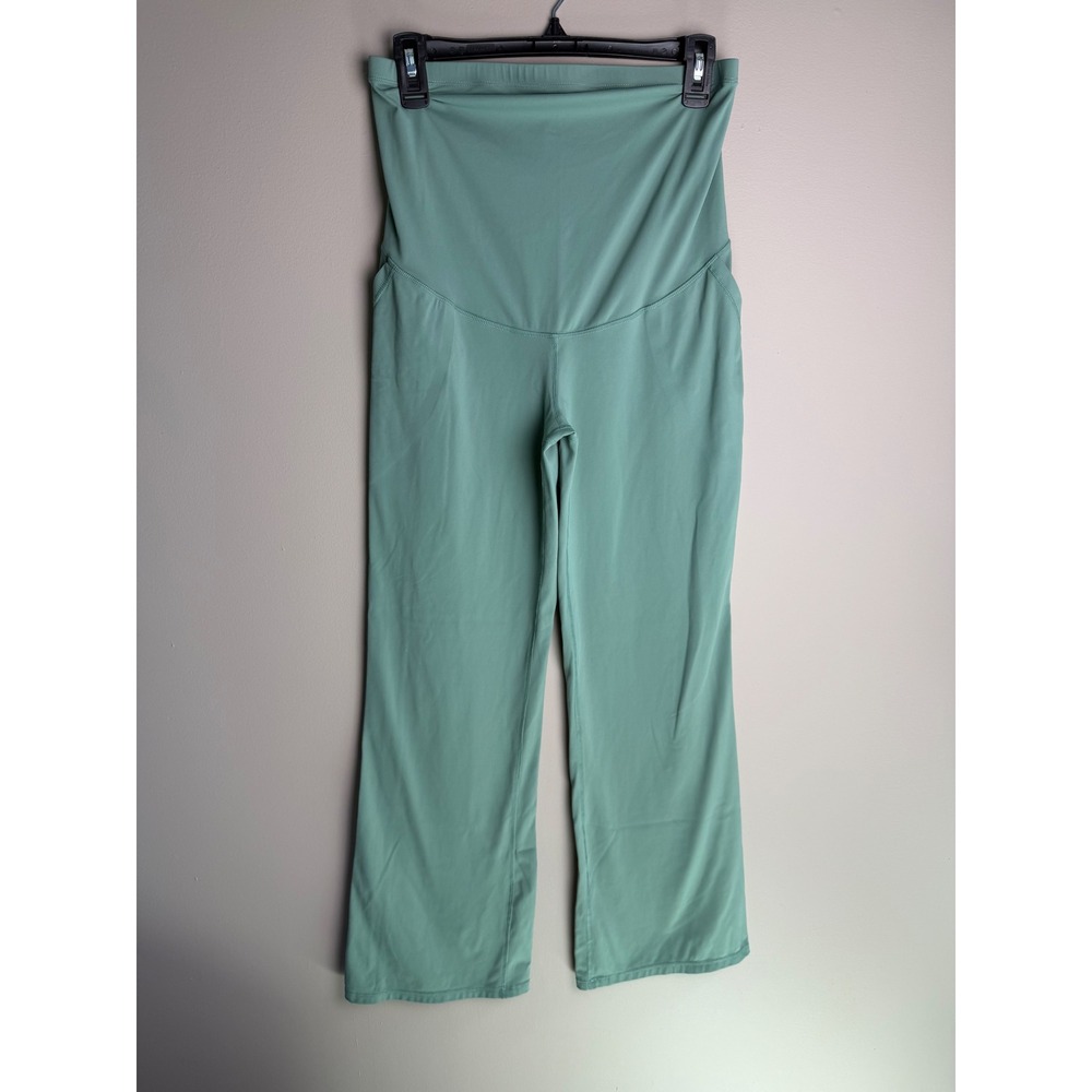 Maternity Sage Green Yoga Pants Over Belly High Waist Pockets Straight Leg